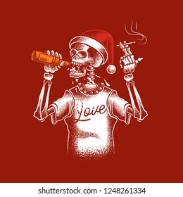 Skeleton of Santa Claus with a bottle of beer and a cigarette in his hands. Vintage vector illustration on red background.