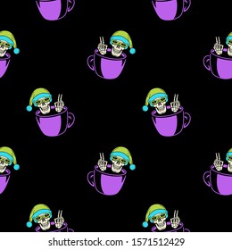 Skeleton Santa Claus in a Cup color seamless pattern