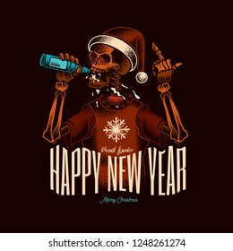 Skeleton of Santa Claus drinking alcohol from a bottle. Original vector illustration.