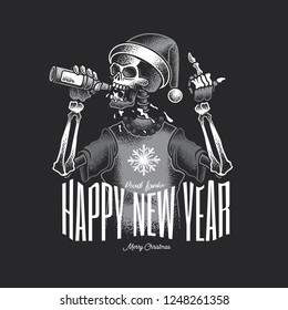 Skeleton of Santa Claus drinking alcohol from a bottle. Monochrome vector illustration.