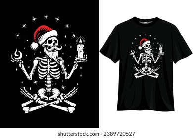 Skeleton Santa Claus meditating. yoga pose isolated on black background illustration