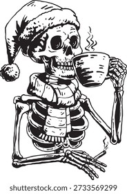 Skeleton Santa Drinking Coffee Ilustração vetorial em preto e branco