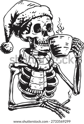 Skeleton Santa Drinking Coffee Black and White Vector Illustration