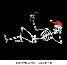 SKELETON WITH SANTA HAT AND COCKTAIL BLACK BACKGROUND