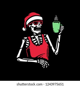 SKELETON IN SANTA HAT DRINKS MULLED WINE BLACK BACKGROUND