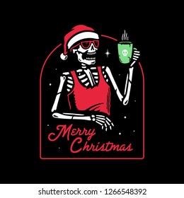 SKELETON IN SANTA HAT DRINKS MULLED WINE BADGE PATCH BLACK BACKGROUND