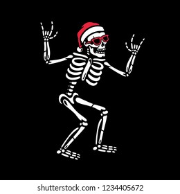 SKELETON IN SANTA HAT AND SUNGLASSES WITH ROCK SIGN BLACK BACKGROUND