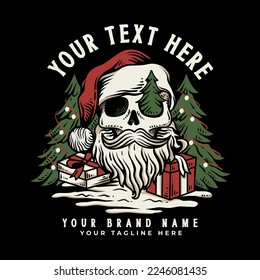 skeleton santa head with Christmas tree illustration