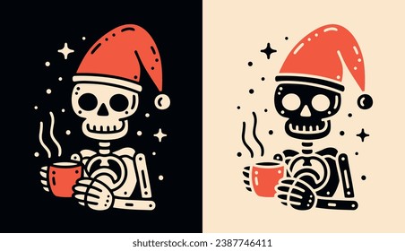 Skeleton Santa holding coffee cup illustration. Funny skull Christmas hat. Holiday season aesthetic drawing for coffee lovers, barista, coffee shops. Minimalist flat design vector print products.