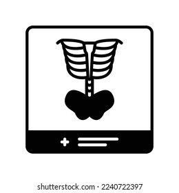 Skeleton scan image icon from x ray machine in radiology department of hospital to see bone damage in black solid style