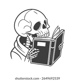 Esqueleto estudioso estudando com um livro, ilustração de vetor de desenhos animados