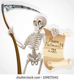 Skeleton with a scythe displays a poster with an invitation to a Halloween party