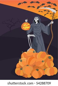 Skeleton with a scythe on a heap of pumpkins