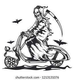 Skeleton with a scythe riding a scooter. Original vector illustration. Print for t-shirt or postcard.