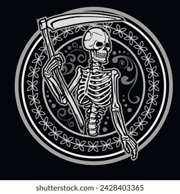 skeleton with scythe, vintage design t shirts