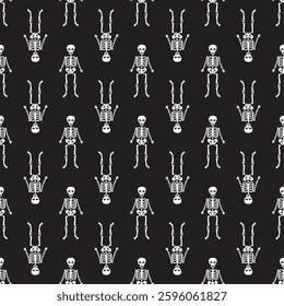 Skeleton seamless pattern. Halloween texture pattern, design isolated tile background repeat wallpaper symbol bone ghost cartoon. Wallpaper template. doodle vector illustration