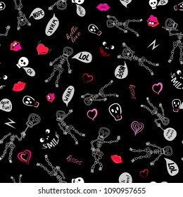 Skeleton seamless pattern with hearts and red lips on black background vector illustration for textile and cards and ads
