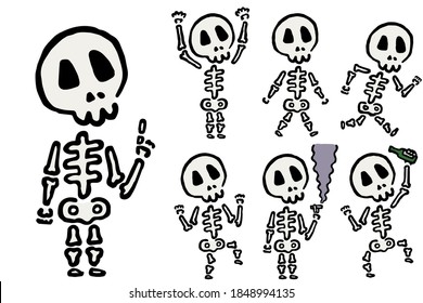  Skeleton Set: Hand drawn vector illustration like woodblock print