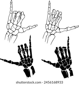 Skeleton shaka hand sign set, hang loose, call sign hand, illustration hand drawn vector