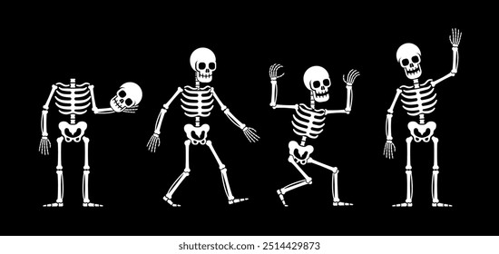 Skeleton mostra diferentes movimentos assustadores, expressando alegria e diversão. Espírito de Halloween. Ilustração isolada de vetor.