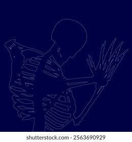 Skeleton is shown in a blue background. The skeleton is holding its arms out to the side, as if it is reaching out to something. Scene is somewhat eerie and mysterious