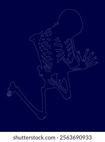 Skeleton is shown in a blue background. The skeleton is in a kneeling position and he is praying. Scene is solemn and contemplative