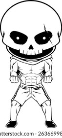 A skeleton is shown in a white background. The skeleton is wearing a black shirt and has a black hat