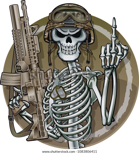 Skeleton Shows Middle Finger Wearing Military Stock Vector (Royalty