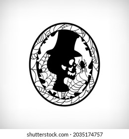 Skeleton Silhouette. Dead man with elegant hat. Scull, spider and spider web vintage frame.  Vector illustration.