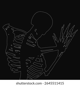 A skeleton silhouette in prayer pose with white outline on black background, vector illustration. The figure is detailed with clean lines, creating a striking minimalist design.