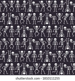 Skeleton silhouettes seamless pattern for halloween on black background.