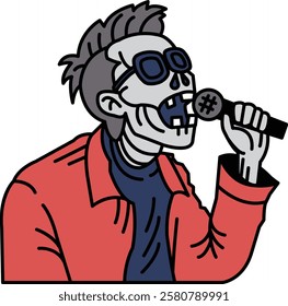 A skeleton singing into a microphone. The skeleton is wearing a red jacket and sunglasses. The image has a creepy and eerie mood