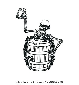 Skeleton sitting in beer wooden barrel and holding cup of fresh foamy drink in vintage monochrome style isolated vector illustration