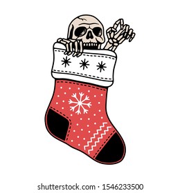 SKELETON IS SITTING IN A CHRISTMAS STOCKING COLOR WHITE BACKGROUND