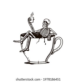 SKELETON SITTING IN A CUP BLACK WHITE BACKGROUND