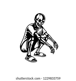 SKELETON SITTING IN FLIP FLOPS WHITE BACKGROUND