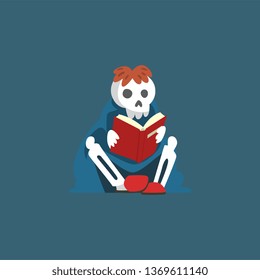 Skeleton Sitting on Floor and Reading Book, Dead Man Cartoon Character Vector Illustration