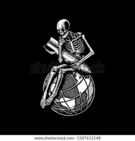 The skeleton is sitting on the globe with a bomb in his hands. T-shirt design. Vector.