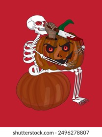 Skeleton sitting on pumpkin holding a killer pumpkin illustration