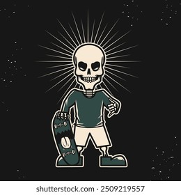 Skeleton Skate. Ilustração de personagem de crânio de patinador de desenhos animados. Gráficos vetoriais para estampas de vestuário, cartazes e outros usos.