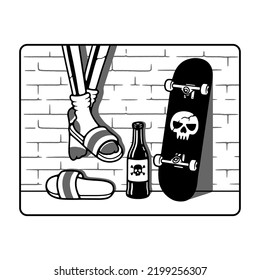 SKELETON WITH SKATEBOARD AND DRINK PATCH BLACK WHITE BACKGROUND