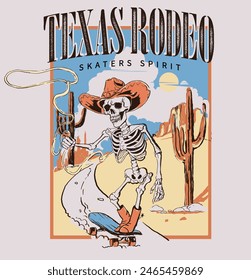 A skeleton skateboard rider riding on desert, cactus, sky, cloud, cowboy hat and grungy typography gave it a western vibe.