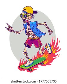 Skeleton Skateboarder Mascot with Sign of the Horns Hand Sign. Skateboarding Vector Illustration.