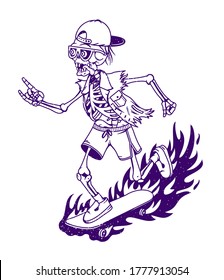 Skeleton Skateboarder Mascot with Sign of the Horns Hand Sign. Skateboarding Vector Illustration.