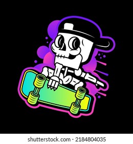 Skeleton Skateboarder Rock Sign White Black Background