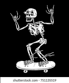 Skeleton Skateboarder Rock Sign White Black Background