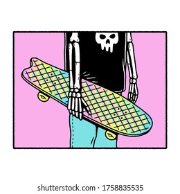 SKELETON SKATEBOARDER WITH SKATEBOARD IN RIGHT HAND COLOR WHITE BACKGROUND