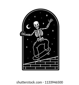 SKELETON SKATEBOARDER WHITE LOGO WHITE BACKGROUND