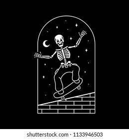 SKELETON SKATEBOARDER WHITE LOGO BLACK BACKGROUND