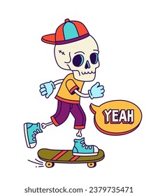 Skeleton skater with board. Creepy character at skateboard. Active lifestyle and extreme sport. Cool and trendy label. Cartoon flat vector illustration isolated on white background